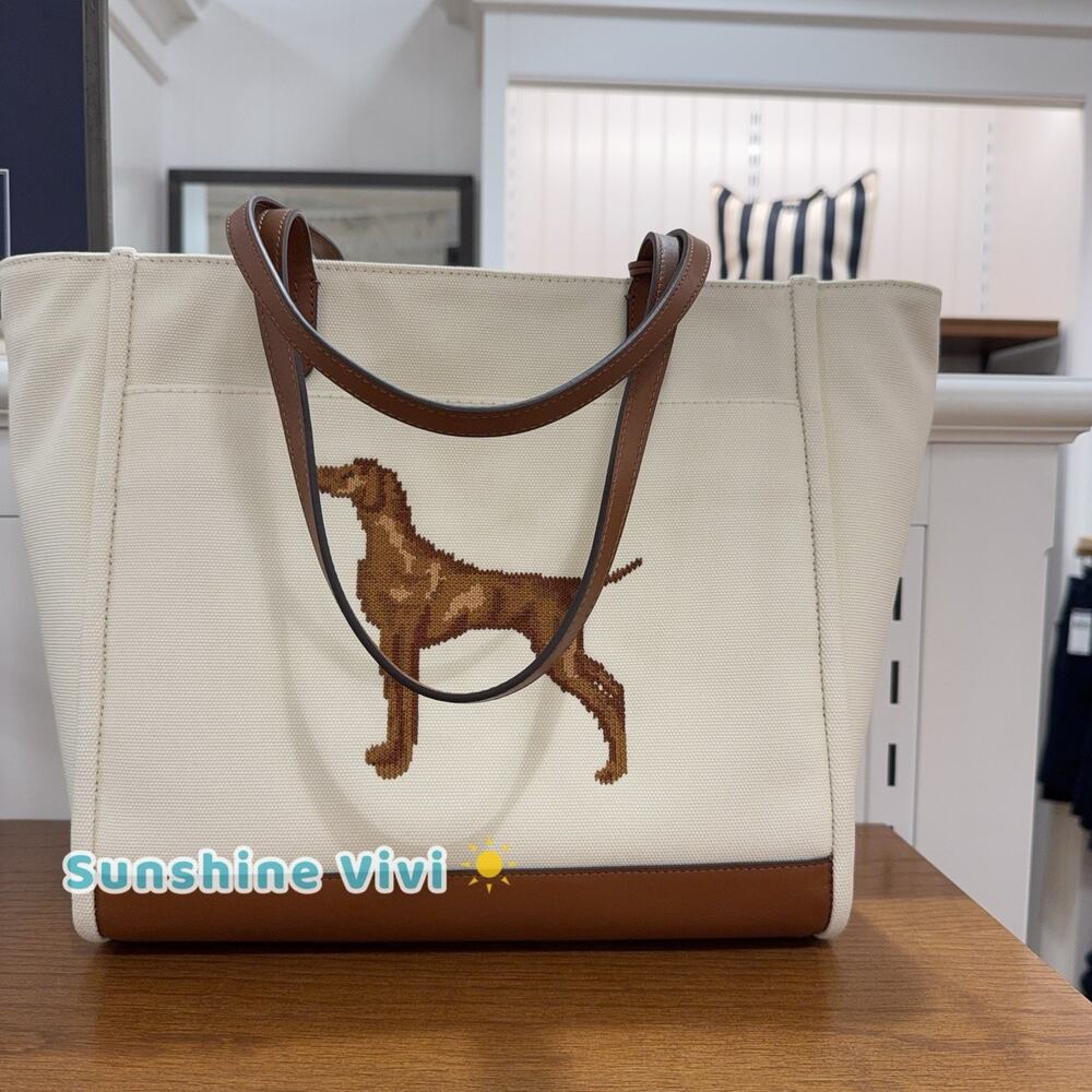 NWT Lauren Ralph Lauren Dog-Embroidered Large Cameryn Tote Bag CREAM/TAN